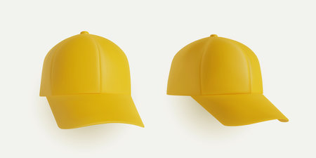 Set of yellow baseball. Mock up. side view. Single yellow baseball cap or uniform hat, Template vector illustration isolated on white background.のイラスト素材