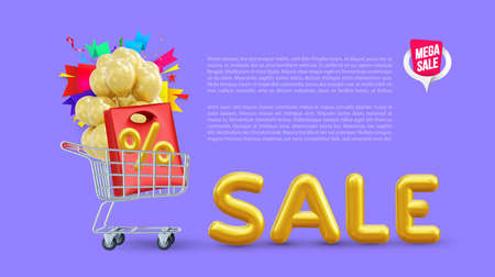 3D Online shopping discount concept. Super Sale day, special discount offer. Realistic shopping trolley. vector illustration.のイラスト素材