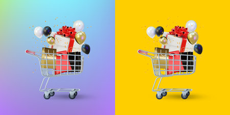 Two miniature shopping carts with gift and shopping bags on dual color background, Realistic of shopping trolley. vector illustration. concept of discount. Isolated on green background.のイラスト素材