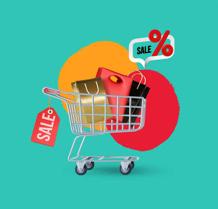 A shopping cart with gifts isolated on green background. Realistic shopping trolley. vector illustration.のイラスト素材