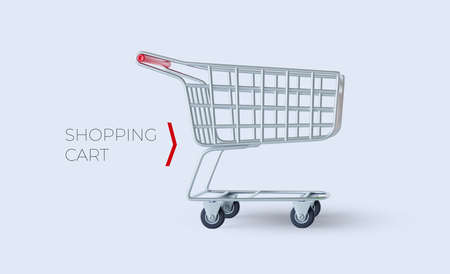 Shopping cart isolated on white background. Silver cart with red handle. vector illustration. Realistic cart side view empty supermarket shopping cart.のイラスト素材