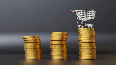 Food inflation, CPI consumer price index. Shopping cart trolley on rising graph cost of living indicator. Rising food cost and grocery price. Price rise concept on black background. 3D rendering.の写真素材