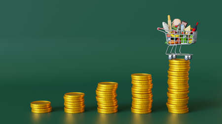 Cart with money. Price rise concept. High prices of the shopping basket. Piles of coins symbolizing...