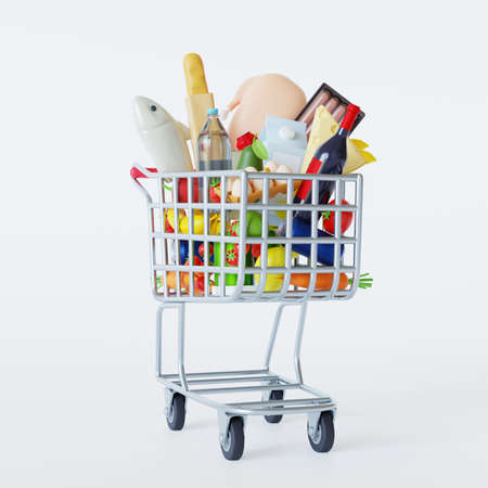 Supermarket trolley cart with fresh products and red handle. Realistic grocery cart 3d render illustration. Shopping cart full of food on black and white background. Grocery and food store concept.の写真素材