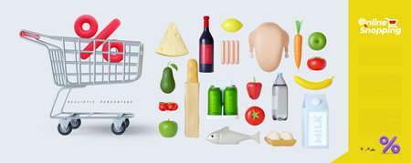 Grocery shopping promotional sale advertisement. Fast shopping cart full of fresh colorful food. Realistic vector 3d yellow big discount sale background.の写真素材