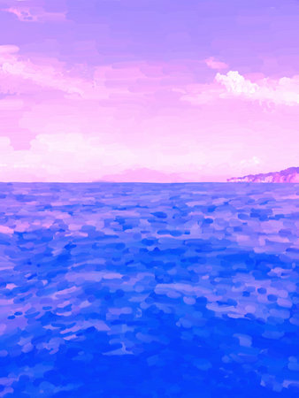 Oil painting cold ocean, landscape with the sea, with pink shades. painting, pictorial art. abstract seascape. Acrylic paint drawing by hand and brush. Size 8Kの写真素材