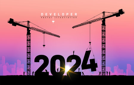 Silhouette of construction worker with crane and sky for preparation of welcome 2024 New Year party and change new business. Businessman engineer looking 2024 blueprint in a building site. developer.のイラスト素材