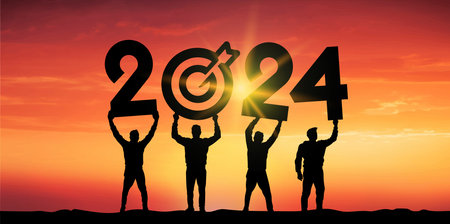 Black silhouette people holding numbers 2024 with colorful dramatic sky at sunset. Hit the target. Concept for success in the future goal and passing time. vector illustration.のイラスト素材