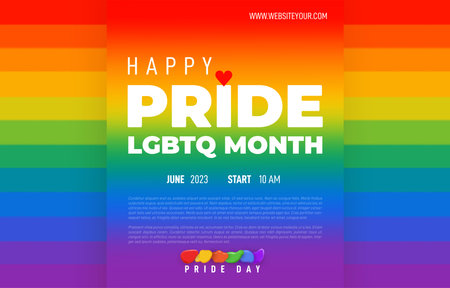 Happy Pride month poster 2023. LGBT, Gay rights. Pride month landing web, banner page template for LGBT rights or social issues event. LGBT Symbols with vector pride flag or Rainbow colored.のイラスト素材