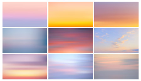 Set of colors of sky in early morning. Collection of sunset sky as background. Template orange and blue sunset sky gradient, copy space background. Vector red evening sky without clouds.のイラスト素材