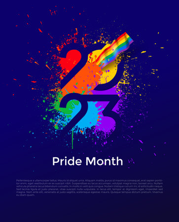 LGBTQ Pride month banner with typography text 2023 on abstract modern sharp colorful splash ink rainbow background design. Vector lgbt 2023 Isolated on blue background.のイラスト素材