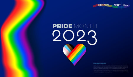 Poster heart Gay rights, LGBT. Happy Pride month landing web page template for LGBTQ rights or social issues event. LGBTQ+ Symbols with flag or Rainbow colors. Vector pride month 2023.のイラスト素材