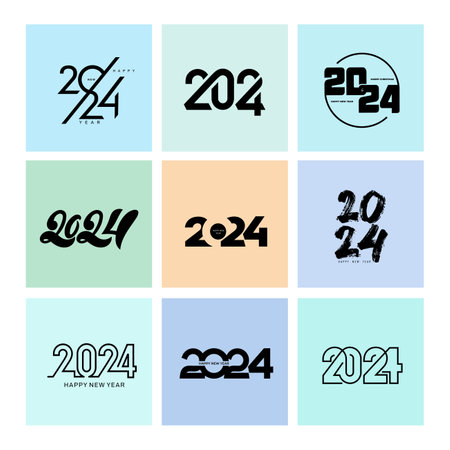2024 Happy New Year logo design. Set of 2024 number text design template. Christmas collection of 2024 Happy New Year. Vector illustration with black labels logo for diaries, notebooks, calendars.のイラスト素材