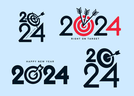 Concept for future success and planning towards goals. Arrow hit the target. Happy New Year 2024 design. Brochure design template, card, banner. isolated on white background. vector illustration.のイラスト素材