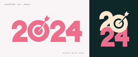 Concept for future success and planning towards goals. Arrow hit the target. Brochure design template, card, banner. isolated on white background. Happy New Year 2024 design. vector illustration.のイラスト素材