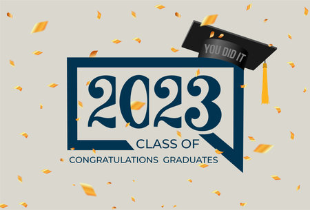 2023 Greeting banner for design of graduation. Falling graduation caps, golden confetti and serpentine. Frame Congratulations graduates of 2023. Vector logo for decoration social media, banners.のイラスト素材