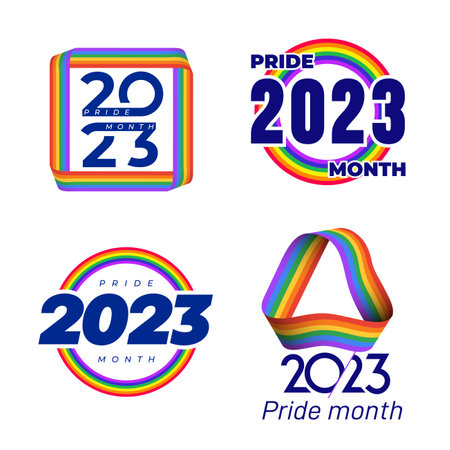 Set of Pride Month 2023 symbol template. Logos of LGBTQ event 2023 with rainbow circle. Human rights and tolerance concept. Pride month template. Rainbow Flag Wave Design Element. vector illustration.のイラスト素材