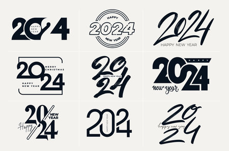 2024 Happy New Year logo black text design set. Big collection of 2024 number trend design template. 2024 Happy New Year decoration. Christmas vector illustration with black labels.のイラスト素材