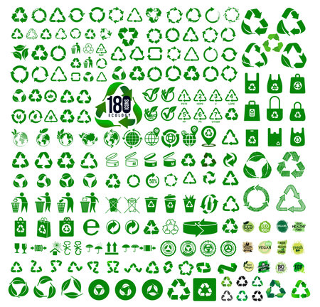 Big set of 170 ecology icons. Recycle icon. Symbols and signs for design of packaging products, information about the goods being transported and a sign of recycling. vector illustration.のイラスト素材