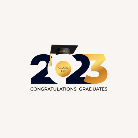 Class of 2023 badge design in black and gold colors. Template Congratulations graduates 2023 banner, poster, sticker card with academic hat for high school or college graduation. vector illustration.のイラスト素材