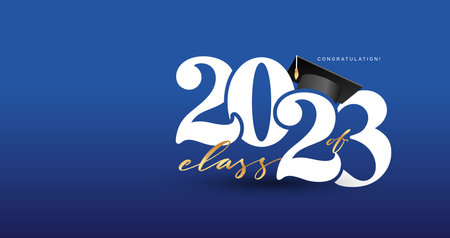 Class of 2023 with graduation cap. Congrats Graduation 2023 calligraphy lettering. Template vector for design party high school or college, graduate invitations or banner, web site, poster, symbols.のイラスト素材
