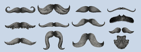 Big Set of Different styles of male realistic mustaches. Hand drawn Chevron, imperial, lampshade, painter brush, handlebar, classic relaxed, english, thick thin man mustaches. vector illustration.のイラスト素材