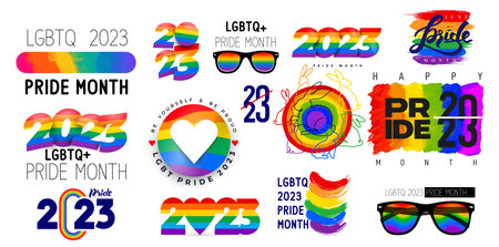 Collection of LGBT Pride Month 2023. Rainbow flag, sunglasses, rabbit, logos, symbols and colored stickers. human rights and tolerance. LGBT community. vector illustration.の写真素材