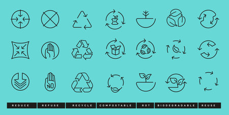 Set of Zero Waste. Ecology banner. Recycle, Rot, Refuse, Biodegradable, Compostable, Reuse, Reduce. Zero waste. Conscious consumption. Neomint. vector illustration. isolated on white background.のイラスト素材