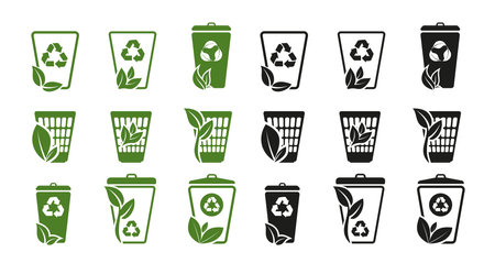 Set of eco garbage line icon. Green and black recycling, eco friendly and environmental management system. Template trash can with recycle sign and plant leaves. vector in flat style.のイラスト素材