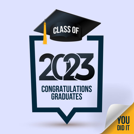 Senior class of 2023 graduation symbol. Abstract graduation web design with mortar board. Text for graduation design, congratulation event, T-shirt, party, high school or college graduate.のイラスト素材