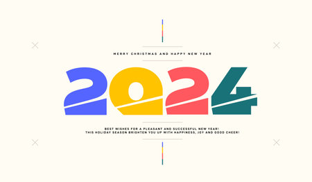 2024 Happy New Year number. Color blue, yellow, red, green luxury design for greeting. Premium 2024 symbol vector design. Trend vector Illustration Christmas element. Thin line numbers.のイラスト素材