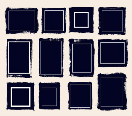 Set of black frames with realistic brush strokes isolated on white background. Vector Collection of black grunge rectangles or background templates. High resolution scans.のイラスト素材