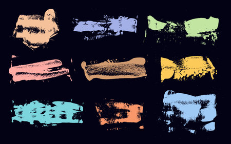 Vector set grunge ink texture hand painted pastel powder colorful dry brush splashes, strokes, stains, elements, stripes, templates, dirty geometric shapes. High quality freehand drawing watercolor.のイラスト素材