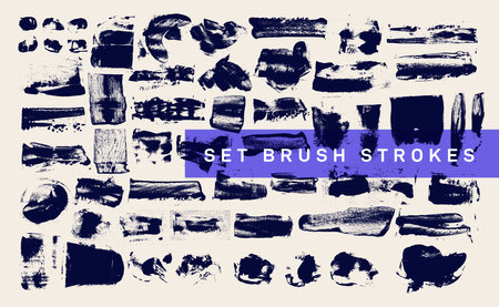 Set of grunge ink texture hand painted pastel powder dry brush splashes, templates, strokes, stains. Brush elements, stripes, lines, dirty geometric shapes. Freehand drawing black watercolor vector.のイラスト素材