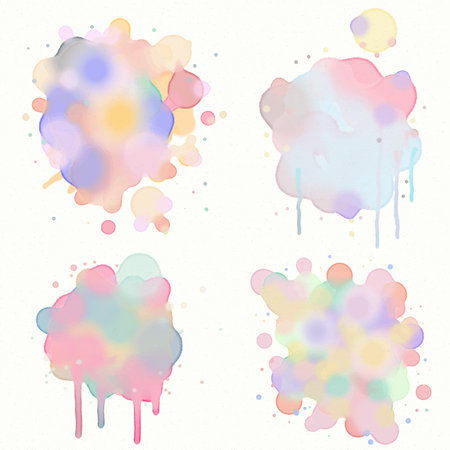 Set of abstract colored watercolor water splash on a white background. Realistic watercolour texture in colorful. Ink paint brush stain. Mixed colors splatters spot. Watercolor vector pastel splash.のイラスト素材