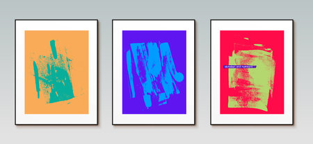 Set of three Modern art vector. Abstract creative minimalist hand drawn vector illustration. Template for wall decor, print, poster, card, mural, carpet, hanging. Trendy brush stroke colored.のイラスト素材