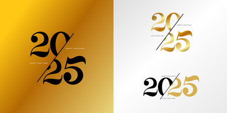 Happy New 2025 Year golden typography logo design. Set of vector minimalist illustration of dynamic geometry shapes style numbers 2025. Luxury gold design Christmas element.のイラスト素材