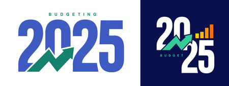 Budgeting 2025 logo design. Set of 2025 budget banner design templates. 2025 text with green and blue color. Price rise. Indicators are rising. Vector. Design for business, government agencies.のイラスト素材