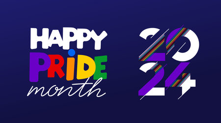 2024 LGBT Pride Typography Vector. Template logo, Pride Text with LGBTQ 2024 Rainbow Flag Colors. Creative Retro Text Lettering for Pride Month background. Vector illustration.のイラスト素材