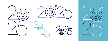 Happy New Year 2025 with business concept banner. Template for Planning for goal and success concepts. Big white 2025 year number with Target icon inside. Vector thin and graceful colored numbers.のイラスト素材