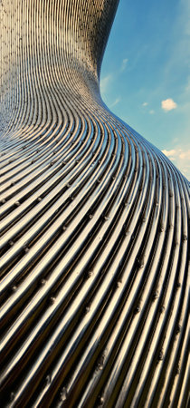 High rise curved building on sky background. Beautiful curved, designer shape. Business concept of future architecture, lookup to the angle of the corner building. Vertical photography, frame.の写真素材