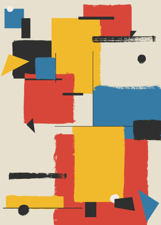 Bauhaus geometric pattern painted with a brush stroke, poster, background. Abstract circle, triangle and square lines art. Red, yellow, blue, and black color, vector Bauhaus pattern background.のイラスト素材