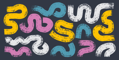 Big set of halftone yellow, blue, pink and white paint brush strokes. Grunge vector banners. Vector design elements. Hand drawn marker lines, scratched shapes and circle. Textured design elements.のイラスト素材