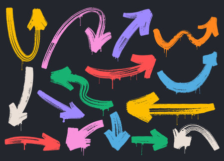 Collection of chalk pencils, dry brush strokes, arrows with drips. Template abstract grunge texture chalk pointers, hand drawn color shapes of different sizes. Grunge rough charcoal arrows vector set.のイラスト素材
