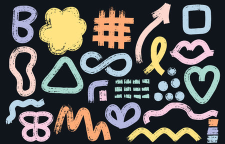 Colorful pastel various hand drawn abstract shapes, strokes and doodles brush stroke set. Template childish cute drawing. Grunge modern pastel design elements. Vector drawn stripes, smears.のイラスト素材