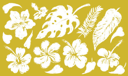 Set of Aloha hibiscus flower Hawaiian tropical. Print with scuffs. Template nature floral vector abstract background. Collection of white exotic leaves with flowers hibiscus on yellow background.のイラスト素材