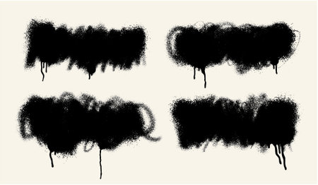 Set of grunge spray paint elements. Spray paint with drips and drops, lines and drips black ink splatters. Template ink blots collection, street graffiti style. Vector illustration.のイラスト素材
