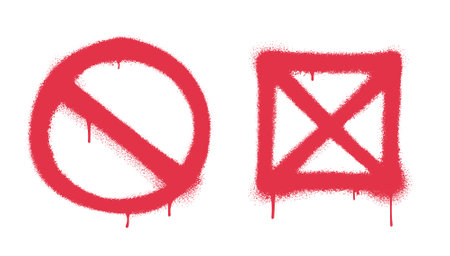 Set of red spray painted graffiti No sign icon sprayed. Graffiti circle and square with paint drips. Template grunge graffiti No Sign symbol with over spray in red. Vector illustration.のイラスト素材