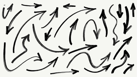 Set of vector marker drawn arrows. Black pointers, arrow icons isolated on white background. Hand drawn direction elements, curve brush strokes, marker. Different curved arrows. Marker vector drawing.のイラスト素材