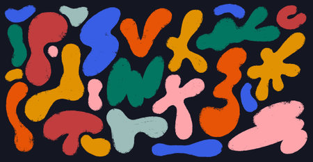 Colored Wavy Liquid Irregular Blob Shapes. Kid Dry Brush Stroke Isolated Shapes. Abstract Freeforms, Asymmetric Blobs, Bubbles And Drops In Trendy Y2k Style. Vector Flat Design Elements.のイラスト素材